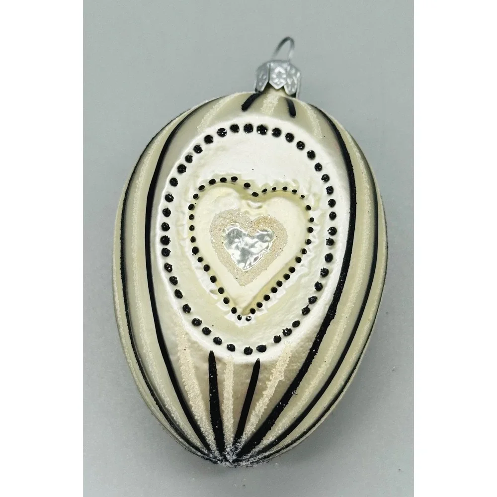 Unbranded Ornament Cream Black Heart Stripes Glitter Glass
